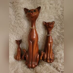 Wood Like Cat Figurine Set with Gold Accents